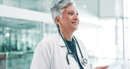 Senior, doctor and woman in hospital with tablet for telehealth, medical research and planning with happiness. Medicine, person and surgeon with touchscreen pc in clinic for online results and search - Powered by Adobe