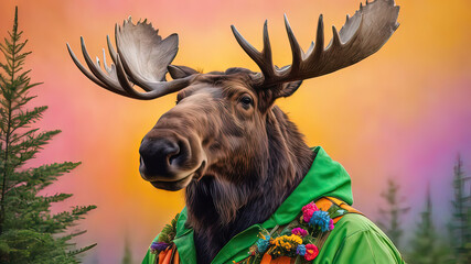 Moose in gardener suit. Man with moose head against color background