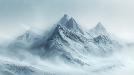 Fototapeta na wymiar A blizzard engulfing a mountain range, with snow swirling around peaks and ridges, reducing visibility to near zero