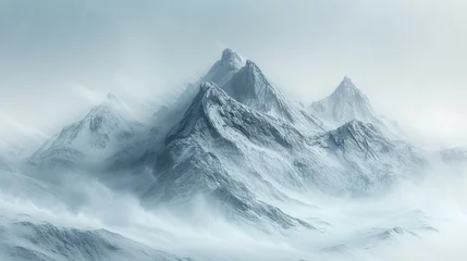 Photo sur Plexiglas Everest A blizzard engulfing a mountain range, with snow swirling around peaks and ridges, reducing visibility to near zero