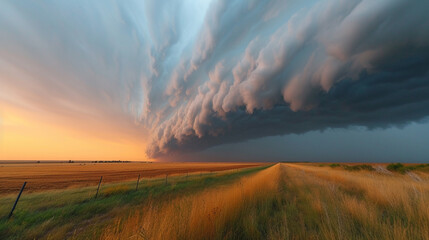 The dramatic clash of warm and cold air fronts, creating a shelf cloud that stretches across the sky at dawn