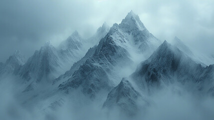 A blizzard engulfing a mountain range, with snow swirling around peaks and ridges, reducing visibility to near zero