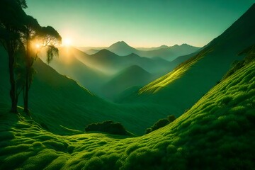 A lush, emerald mountain bathed in the soft light of dawn, its slopes covered in a glistening morning dew