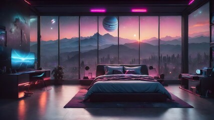 Neon Dreams in Cyberpunk Bedroom with Jupiter Horizon