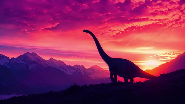 A brachiosaurus majestically silhouetted against a stunning alpine sunset the sky painted in vibrant hues.