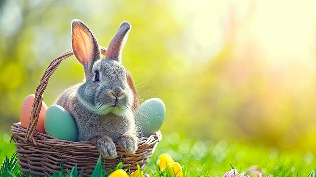 basket with Easter eggs and Easter bunny on a background of spring greenery