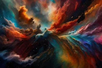 Fotobehang An abstract art piece resembling a cosmic explosion of colors and textures, with fluffy, nebula-like patterns. Captured in HD quality, it's a visual masterpiece © Pareshy