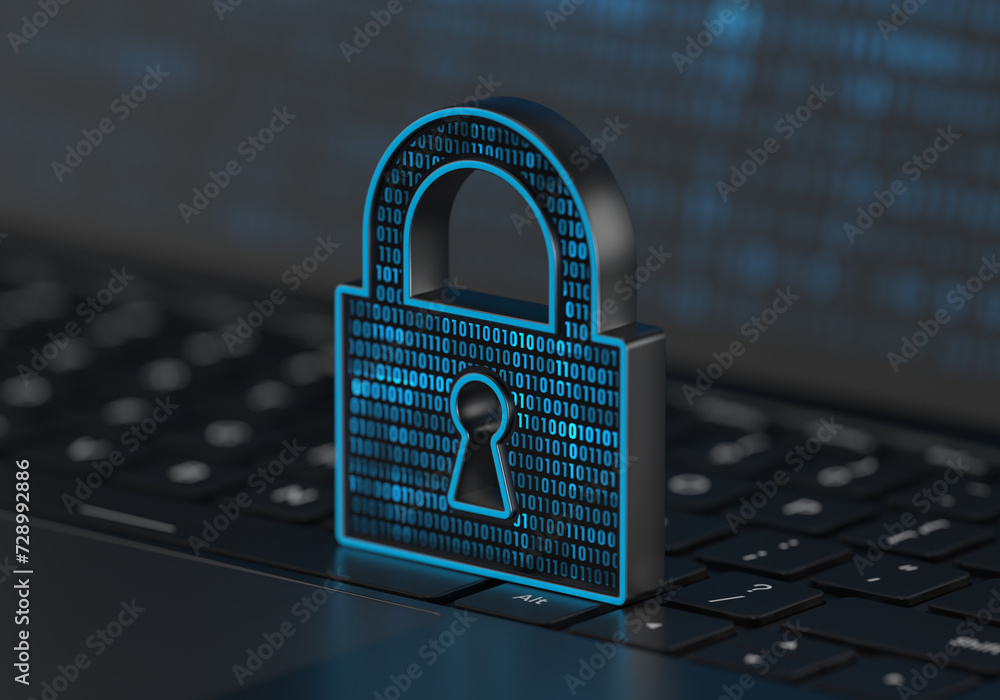 Poster a digital lock placed on a laptop keyboard in semi-side view with soft depth of field. realistic ren