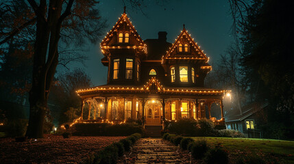A Victorian house at night, with the exterior lights casting a warm glow on the architecture and...