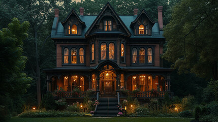 A Victorian house at night, with the exterior lights casting a warm glow on the architecture and highlighting its features