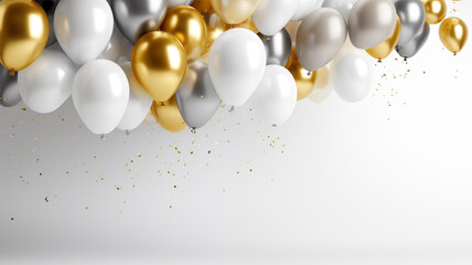 happy birthday with golden and silver air balloon on white background with glitter confetti.