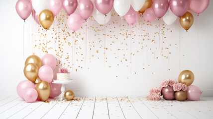 Celebration party with pink and golden air balloon and Cake on white background with glitter confetti.