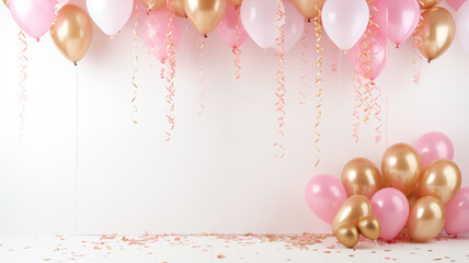 Celebration party with pink and golden air balloon on white background with glitter confetti.