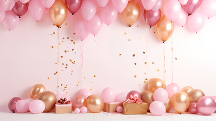 Celebration party with pink and golden air balloon and gift boxes on white background with glitter confetti.