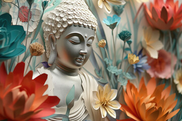 silver Buddha and glowing colorful flowers paper cut, heaven light, nature background