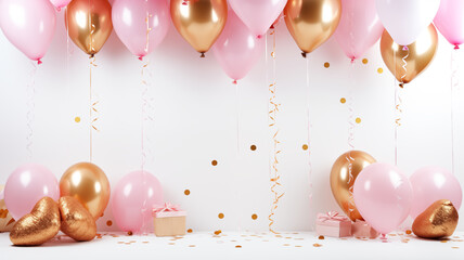 Celebration party with pink and golden air balloon and gift boxes on white background with glitter confetti.