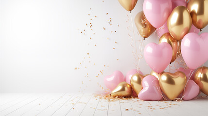 Celebration party with pink and golden heart shaped balloon on white background with glitter confetti.