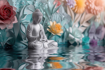 silver Buddha and glowing colorful flowers paper cut, heaven light, nature background in water