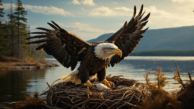 Experience of witnessing a bald eagle's controlled descent onto a lakeside nest and convey the significance of the moment as the eagle provides a glimpse into the circle of life in the natural world