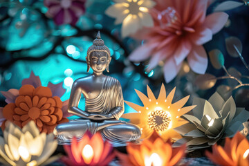 silver Buddha and glowing colorful flowers paper cut, heaven light, nature background
