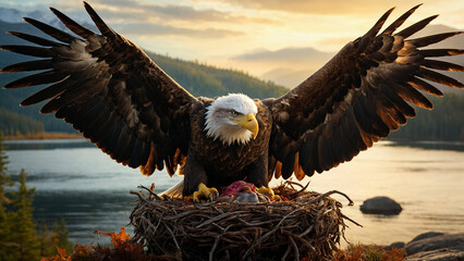 Experience of witnessing a bald eagle's controlled descent onto a lakeside nest and convey the significance of the moment as the eagle provides a glimpse into the circle of life in the natural world - obrazy, fototapety, plakaty