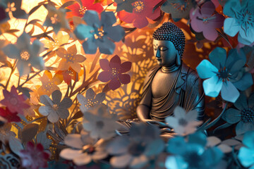silver Buddha and glowing colorful flowers paper cut, heaven light, nature background