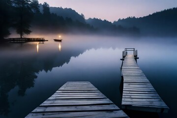 A serene and misty lakeside at dawn, with a wooden pier stretching out into the tranquil water,...