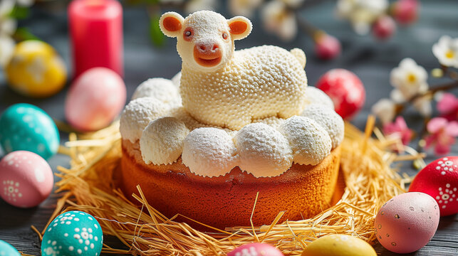 Génoise ou gâteau de Pâques décoré avec un petit agneau mignon sur le dessus et entouré de paille et d'œufs de pâques peints à la main, traditions chrétiennes pour Pâques aux vacances de printemps