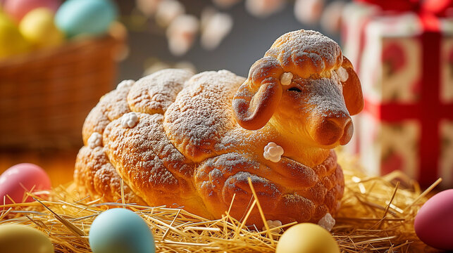 Brioche de p&acirc;ques mignonne en forme d'agneau (lamala) entour&eacute;e d'&oelig;ufs de p&acirc;ques peints, nourriture traditionnelle de la P&acirc;ques chr&eacute;tienne en Alsace