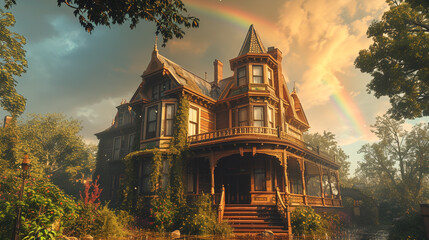 A Victorian house after a rainstorm, with water droplets on the intricate woodwork and a rainbow in...
