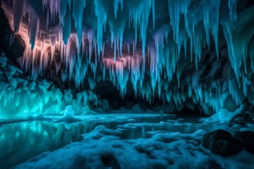 ice cone with sharp edge with in blue color ice cave in the tropical area with pink lights...