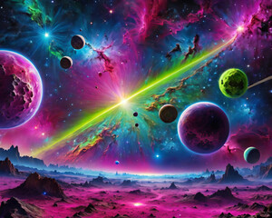 Cosmic Spectacle - Unreal celestial scenery with nebula, gamma ray burst, and orbiting satellites Gen AI - obrazy, fototapety, plakaty
