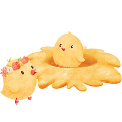 watercolor arrangement a nest with a small chick nestled in straw on the farm. for children's books, farm-themed designs, or educational materials. to greeting cards, posters, and decorative prints