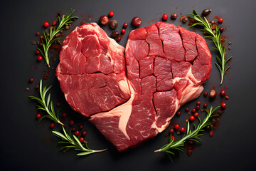 fresh beef meat in the shape of a heart on a dark background. nutrition and protein foods. kitchen and cooking
