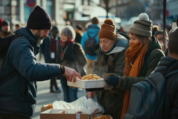 volunteers giving humanitarian food to the homeless people	

