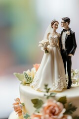 Close up of figures of newlyweds as an element of wedding cake decoration.