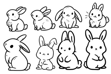 Set of Easter bunny in simple one line style. Colored Rabbit icon. Continuous line drawing of easter rabbit black and white minimalist hand drawn vector illustration. Isolated on white background.