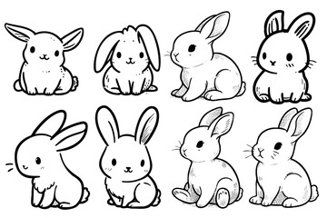 Set of Easter bunny in simple one line style. Colored Rabbit icon. Continuous line drawing of easter rabbit black and white minimalist hand drawn vector illustration. Isolated on white background.