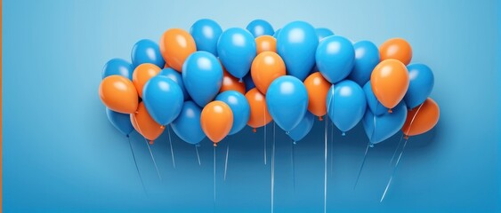 3D balloons blue and orange birthday with space for text.
