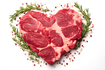 fresh beef meat in the shape of a heart on a white background. nutrition and protein foods. kitchen and cooking
