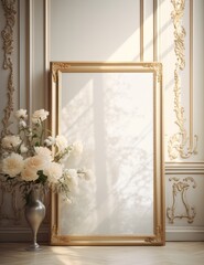 Against a blank copyspace mockup background concept, a white-framed gold frame with a white background showcases a vase of flowers