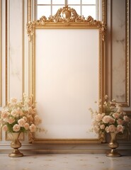 A vase of flowers adorns a white-framed gold frame against a blank copyspace mockup background concept