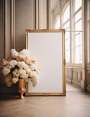 Featuring a blank copyspace mockup background concept, a white-framed gold frame with a white background holds a vase of flowers