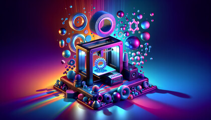 Vibrant Pop Futurism: Sleek FDM 3D printer creating futuristic gear in a dynamic, colorful scene.