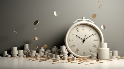 Alarm clock with pile of coins in the white table. Time is money background concept