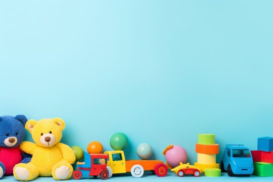 Featuring a teddy bear and toys on a blue background, this image is ideal for school holiday themes
