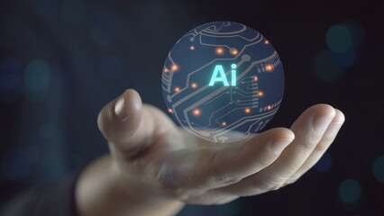 Ai technology, Artificial Intelligence. man using technology smart robot AI, artificial intelligence by enter command prompt for generates something, Futuristic technology transformation. Chat with AI