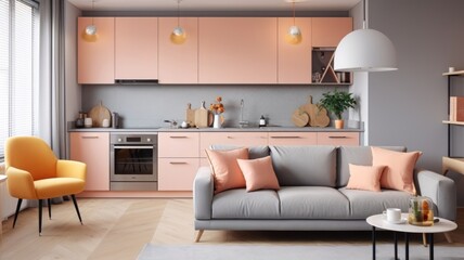 A modern living room with a grey couch and a white kitchen with a silver refrigerator. The living room has a yellow and orange accent wall and a white kitchen with a white oven - obrazy, fototapety, plakaty