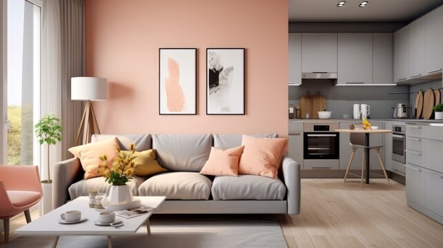 A modern living room boasts a grey couch against a vibrant yellow and orange accent wall, while a sleek white kitchen, featuring a silver refrigerator and oven, adjoins the space