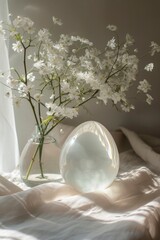 Wishing You a Happy Easter with a Translucent Egg and Delicate White Flowers, Capturing the Essence of Renewal and Celebration.